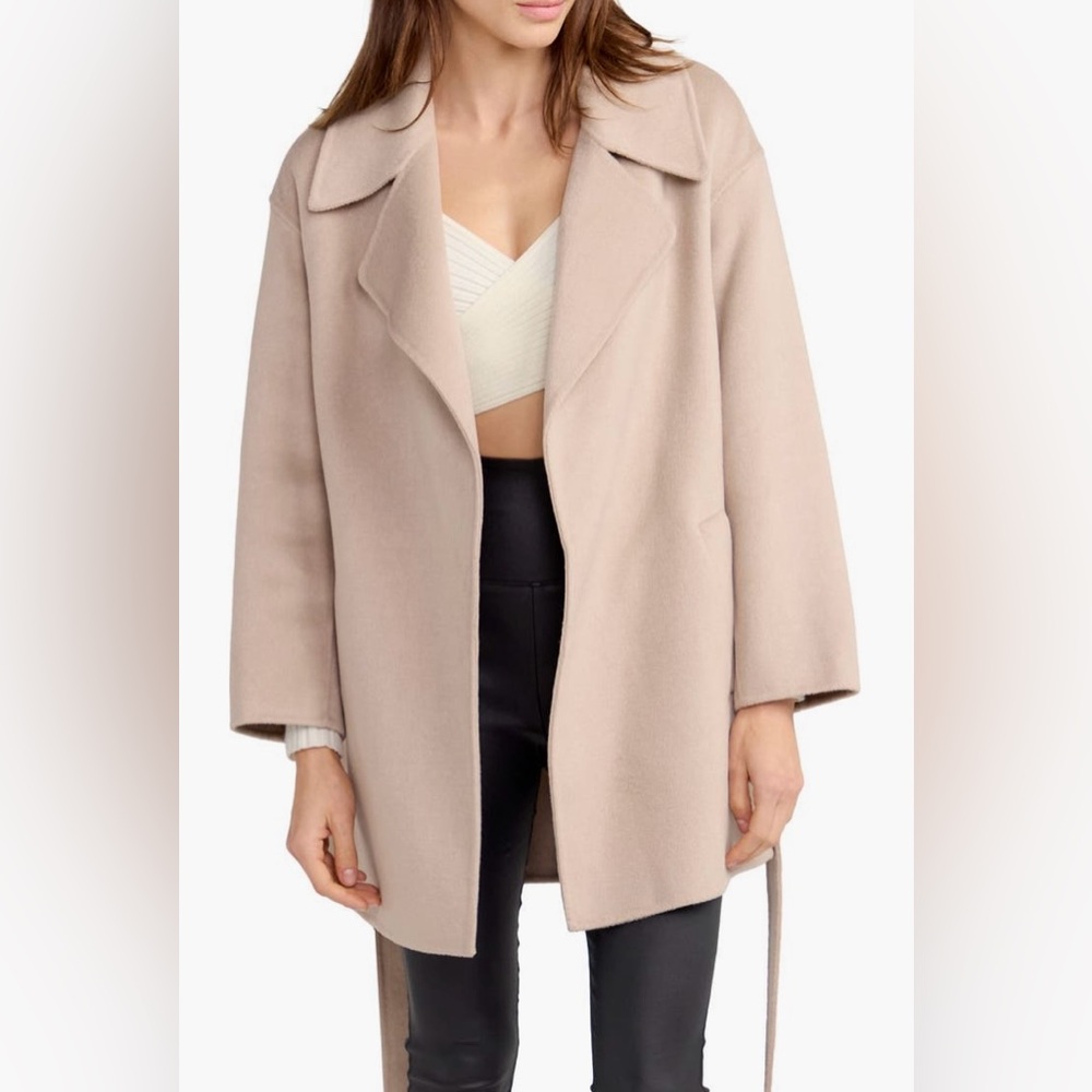 Belle and Bloom Tie Waist Wool Coat in Sand